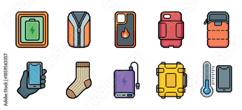 Colorful winter survival and camping gear icons in a retro pixel art style, including a power bank, warm clothing, sleeping bag, and emergency kit
