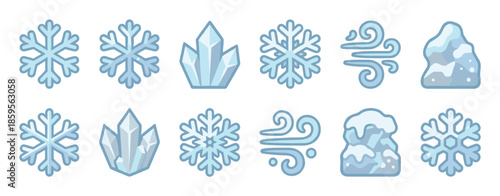 Set of winter weather icons featuring snowflakes, ice crystals, wind gusts, and snowdrifts in a charming flat cartoon vector illustration style for seasonal design elements
