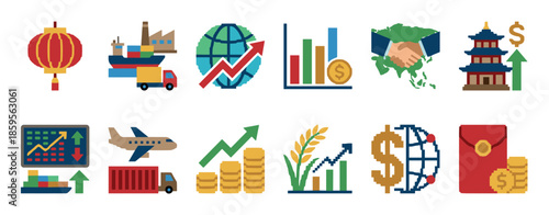 Colorful set of pixelated infographic icons symbolizing global business, economic growth, international logistics, and Asian financial markets with various transport and money symbols