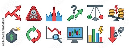 Collection of pixel art finance icons representing stock market volatility, risk, investment uncertainty, and economic crisis concepts in a retro 8-bit video game style