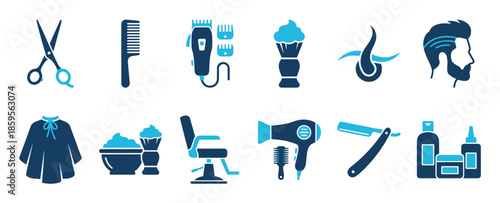 Collection of two-tone blue barbershop icons featuring professional grooming tools like scissors, a comb, clippers, a razor, and a barber chair in a flat vector graphic style
