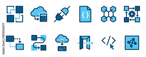 Blue API and software development icon set illustrating concepts of cloud computing, data flow, networking, connection, and automation in a clean, modern line art style