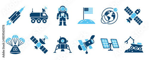 Set of blue space exploration icons featuring a rocket, astronaut, satellite, rover, and planet Earth in a clean, minimalist flat vector graphic style