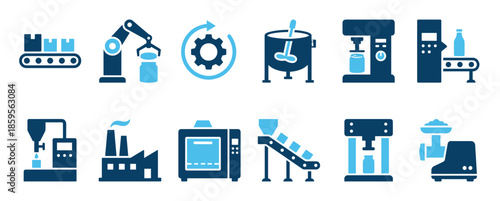 Set of blue industrial manufacturing icons representing factory production, automation, machinery, conveyor belts, robotic arms, and processing equipment in a clean flat glyph style