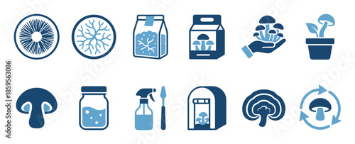 Mushroom cultivation and mycology icon set showing the process of growing fungi, including mycelium, substrate, harvesting, and equipment in a simple blue graphic style