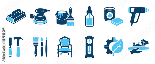 Blue furniture restoration and woodworking icon set with various tools for repair, upcycling, and DIY projects, including a sander, paint, vintage chair, and clock