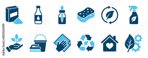 Set of blue eco-friendly cleaning icons for natural household products and sustainable living, featuring symbols for recycling, biodegradable materials, and gentle home care solutions