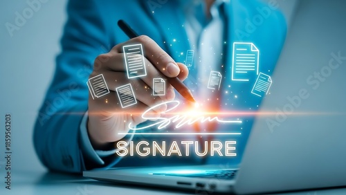 Businessman creating digital signature on laptop