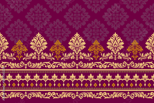 Damask floral pattern border. Motifs Ikat floral ethnic oriental pattern traditional.Aztec style abstract vector illustration.design for texture, fabric, scarf,background,carpet,rug