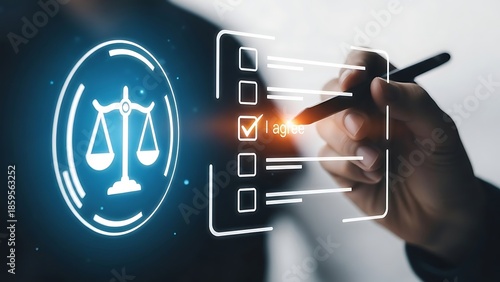 Hand agreeing to terms with justice scale icon