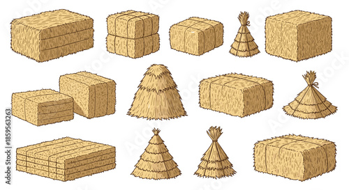 Comprehensive collection of haystacks and straw bales in various shapes like cubes and cones for farm and rural landscape illustrations.