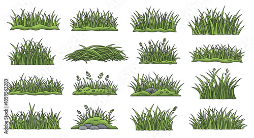 Set of sixteen different grass tufts and patches with small stones and flowers provides options for natural environment and garden designs.