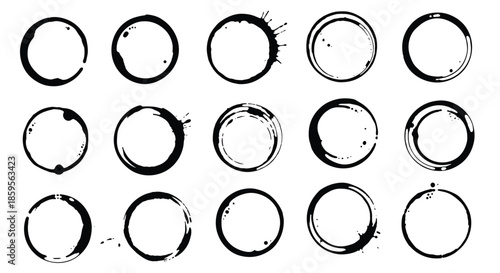 Collection of fifteen various coffee cup stain rings with splatters and textures creates a realistic and messy beverage mark effect.