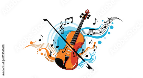 Artistic illustration of a violin with its bow surrounded by colorful musical notes and waves for a classical music or concert theme.