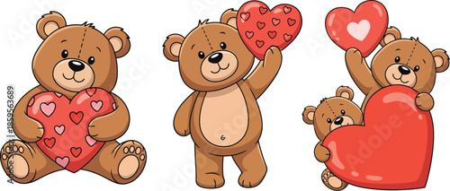 Cute Kawaii Teddy Bears Holding Hearts Valentine’s Day Love Set