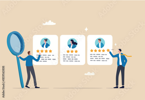 Performance management employee evaluation review, yearly appraisal or staff career development, employee measurement concept, businessman manager giving stars review on performance management.
