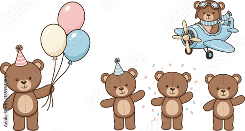 Cute teddy bear character set with balloons party hats and airplane, playful kawaii cartoon animal vector illustration
