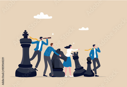 Strategy to win competition, teamwork help plan strategic idea to fight and achieve business victory, challenge concept, business people team players stand strong with king, knight chess pieces.