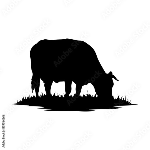 Silhouette of a cow grazing peacefully in a grassy field, farm animal graphic