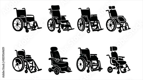 Wheelchair Silhouette Set, Disability and Accessibility Concept, Medical Mobility Equipment Illustration