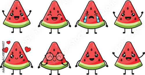 Cute watermelon character emotions set with happy sad love expressions, kawaii cartoon fruit mascot vector illustration isolated