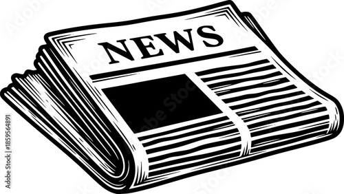 Folded Newspaper with Text NEWS in a Woodcut Style Black and Whi
