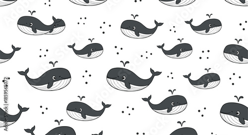 Cute whale seamless pattern in black and white with playful ocean animals, minimalist nautical cartoon vector background