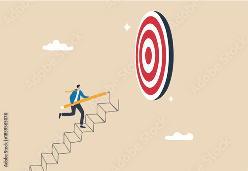 Build stair to reach target, career success or progress to achievement, business goal or future succeed, effort to grow career path concept, businessman use pencil to draw stair step to reach success.