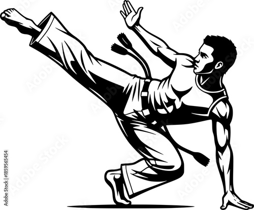 Dynamic monochrome depiction of a capoeira stance with striking
