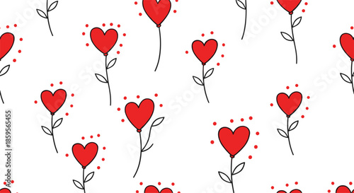 Hand drawn heart flower seamless pattern with red love symbols, romantic minimalist doodle background vector illustration