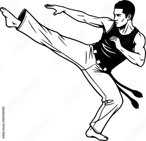 Dynamic monochrome depiction of a capoeira stance with striking
