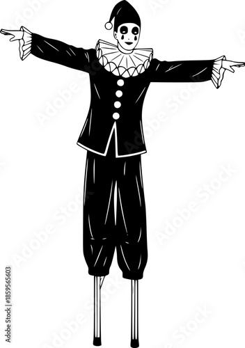 Black and white illustration of a pierrot character on stilts ho
