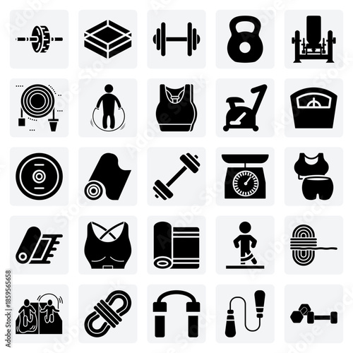 Modern Gym And Fitness Center Equipment – Stationary Bicycle, Boxing Ring, And Weight Plates For Health And Wellness Visuals