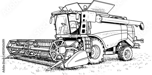 Black and White Sketch of a Combine Harvester on a Grassy Field
