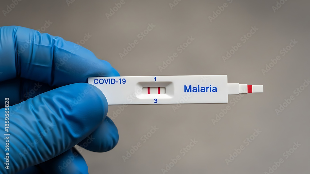 Obraz premium Positive COVID-19 and Malaria rapid diagnostic test kit