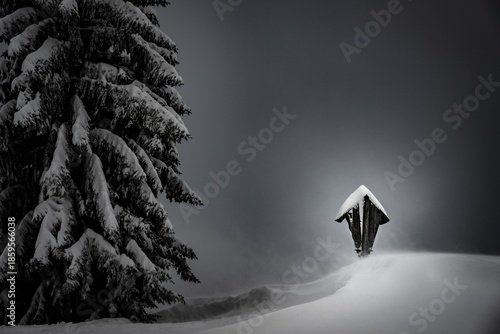 Winter forest with summit cross of the Burstkopf in a snowstorm against a dark sky, Balderschwang, Oberallgäu, Bavaria, Germany