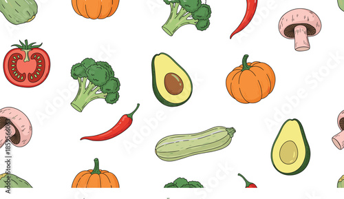 Hand drawn vegetables seamless pattern with avocado pumpkin broccoli chili and mushroom, organic food background vector illustration