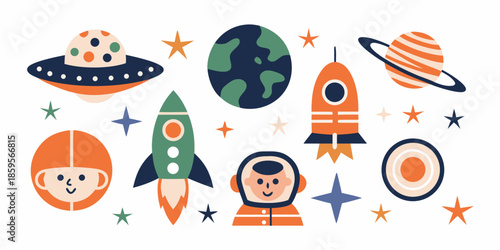 Colorful space exploration scene with planets rockets and astronauts