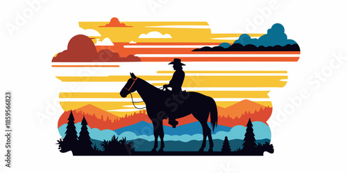 Silhouette of a cowboy riding a horse against a vibrant sunset backdrop