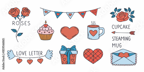 A collection of hand drawn valentine s day themed illustrations and romantic elements