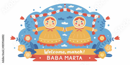Traditional babas marta dolls with spring flowers and festive decorations