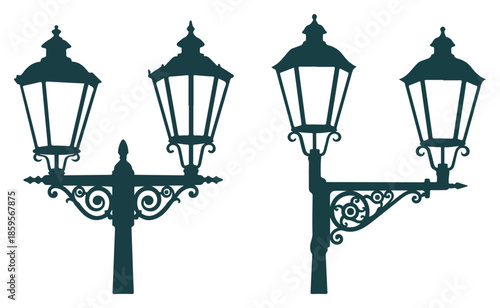 Elegant Vintage Street Lamp Posts Silhouettes Featuring Ornate Details and Traditional Lantern Designs