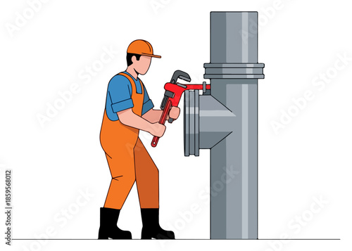 Industrial Worker Operating a Valve on Large Pipe.