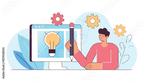 Man creating web design with pencil beside computer interface showing lightbulb idea