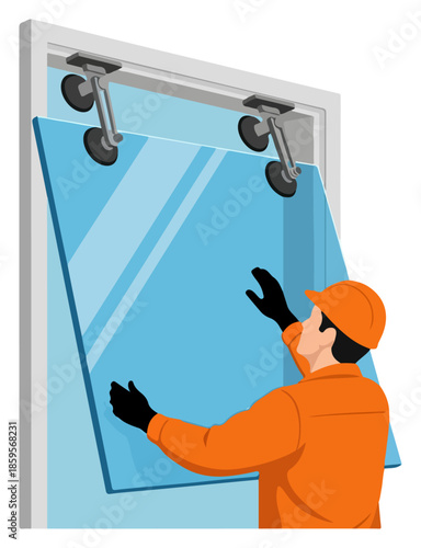Construction Worker Installing Glass Window Panel.
