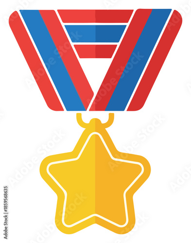 Golden Star Medal with Ribbon Award Icon.