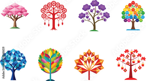 Seamless vector illustration set of four seasons colorful trees and floral nature elements with spring blossom flowers and summer garden leaves for pattern design decoration