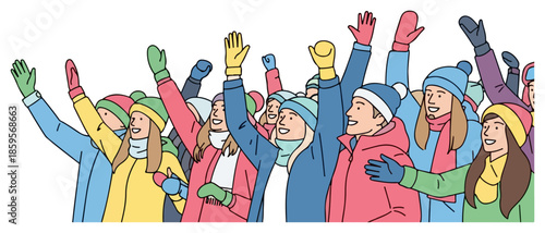 group of cheering people raising hands together.