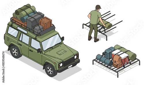 Green SUV with roof rack and camping luggage.