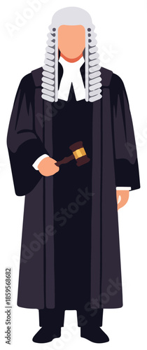 Judge in traditional court attire, wearing a white wig and black robe, holding a wooden gavel